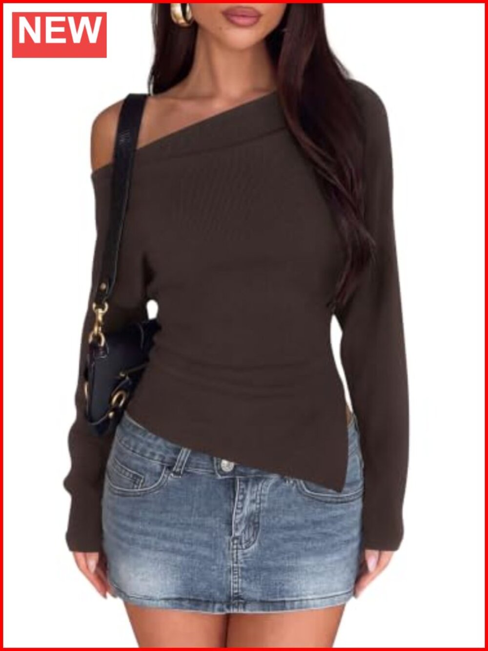 Womens Long Sleeve Off Shoulder Knit Sweater Asymmetrical Hem